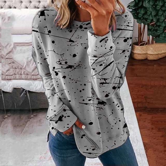 Meichang Chandail en Molleton pour Femmes Manches Longues Col Rond Chandail Décontracté Hauts Imprimé Graffiti Tendance Chandails en Molleton Amples Blouses Grande Taille Confortables