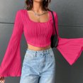 thumbnail image 4 of FAIWAD Women's Ruched Textured Crop Tops Bell Long Sleeve Square Neck Asymmetrical Streetwear Pullover Tops, 4 of 9