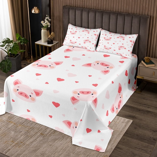 Couvre-lit Cochon Kawaii Format Grand Lit, Ensemble de Literie Romantique Cœurs d'Amour Rouges pour Déco de Chambre Garçons Filles, Ensemble Douillette Animal Cochons Dessin Animé Girly Courtepointe Douce en Polyester, 2 Taies d'Oreiller