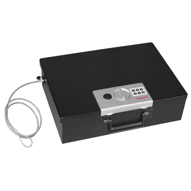 Honeywell Large Fire Resistant Digital Steel Security Box with a black rectangular steel body and silver digital lock panel featuring a keypad numbered 1 to 5, turn dial, and black button. It has a black carry handle, concealed hinges, scratch-resistant powder coat finish, fire-resistant insulation, and a silver cable tether for securing to stationary objects.