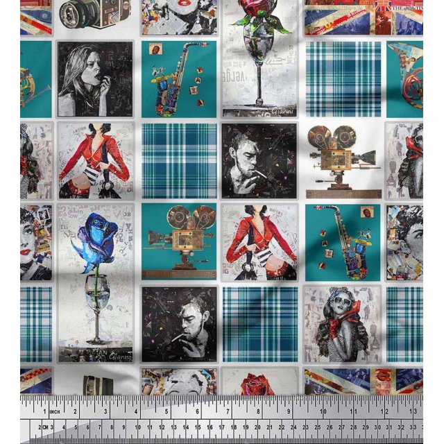 Soimoi Polyester Crepe Fabric Check,Women & Camera Patchwork Decor Fabric Printed Yard 52 Inch Wide
