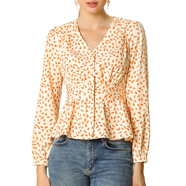 INSPIRE CHIC Women's Elegant Dots V Neck Smocked Ruffled Hem Peplum Top