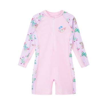 Yanlir Girls' Cute Printed Long Sleeve Half Zip Swimsuit with Sun Protection Soft and Comfortable Round Neck Swimwear for All-Day Wear 2-12 Years(Pink,2 Years)