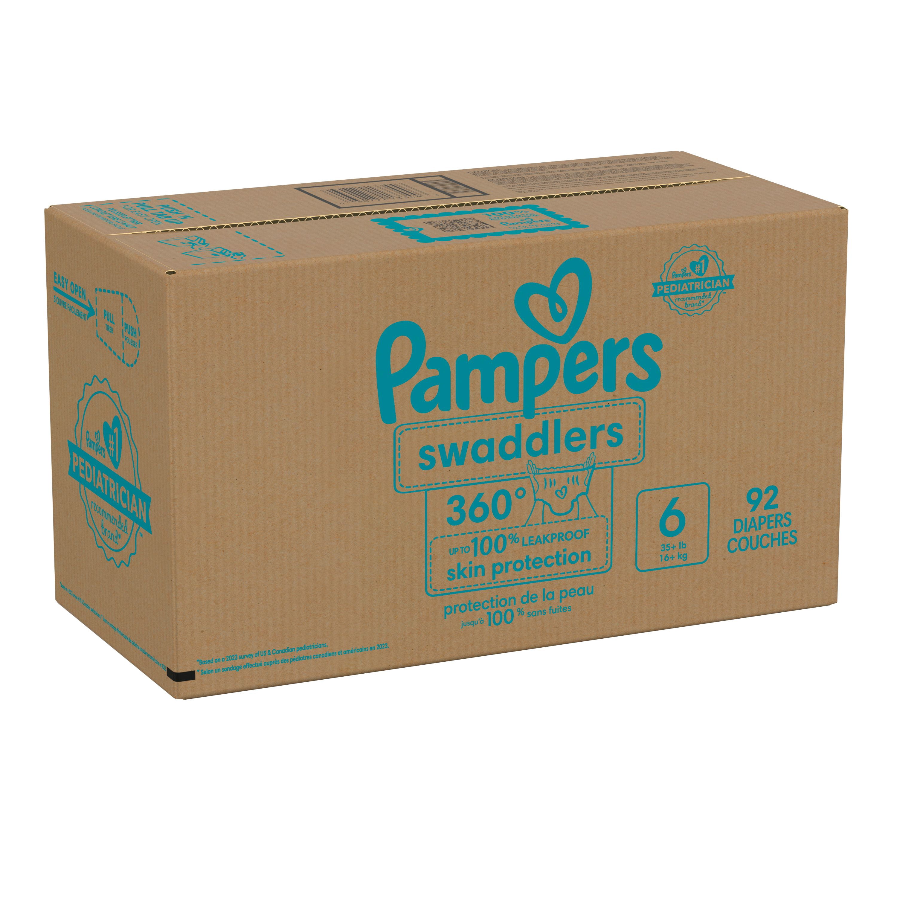 Pampers Couches - Swaddlers 360° - Taille 6, jusqu'à 100 % Anti-Fuites, Ajustement Confortable et au Sec, Attaches EZ Off Conçues pour des Changements Faciles, Couche à Enfiler