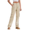 thumbnail image 1 of Besolor Jeans Cargo Taille Haute pour Femmes, Jambe Droite Extensible à Poches à Rabat, Kaki, 1 of 7