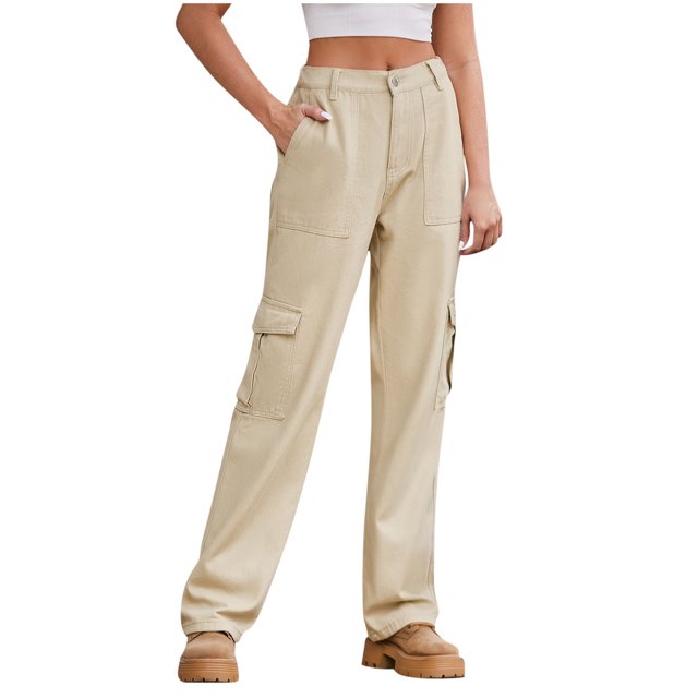 Besolor Jeans Cargo Taille Haute pour Femmes, Jambe Droite Extensible à Poches à Rabat, Kaki