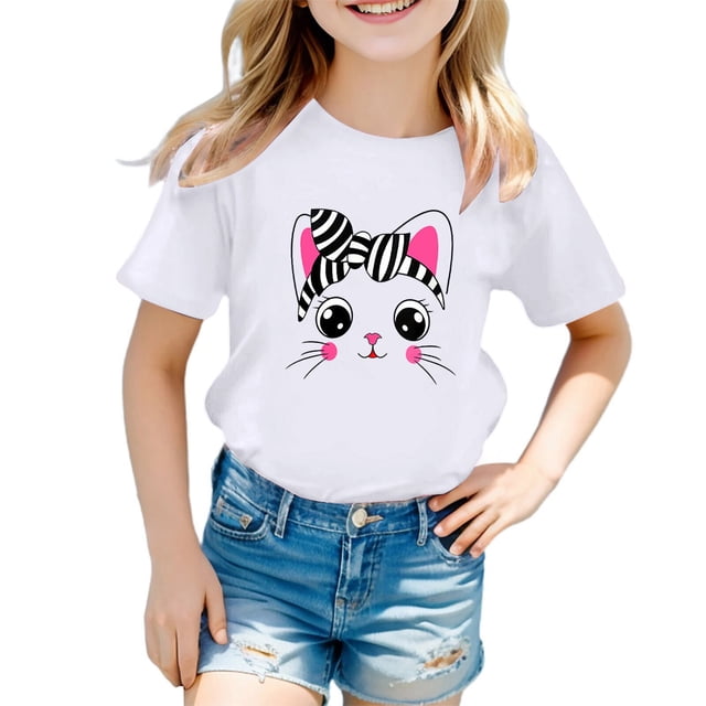PMVFHDE Hauts d'Été pour Fille Hauts d'Été pour Filles T-Shirts pour Fille T-Shirts Graphiques Ensembles de Shorts et Hauts pour Filles T-Shirt Graphique à Col Rond à Manches Courtes pour Fille T-Shirt d'Été Blanc, 9-10 Ans