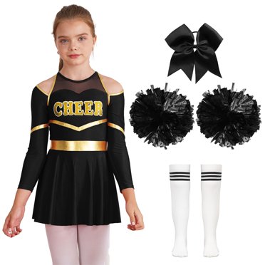Miaeowve Kids Girls Halloween Cheerleading Outfit Long Sleeve Skirts with Accessories Set Cheer Leader Teamwear Uniform Dark 8