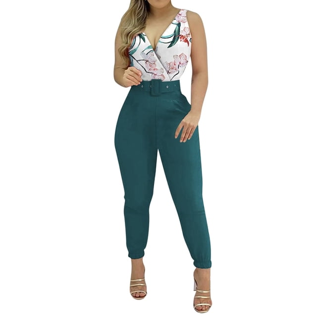 Penkiiy Combinaisons pour Femmes Mode Femme Été Uni Décontracté Poche Sans Manches Salopette Combinaison Vert m Combinaisons