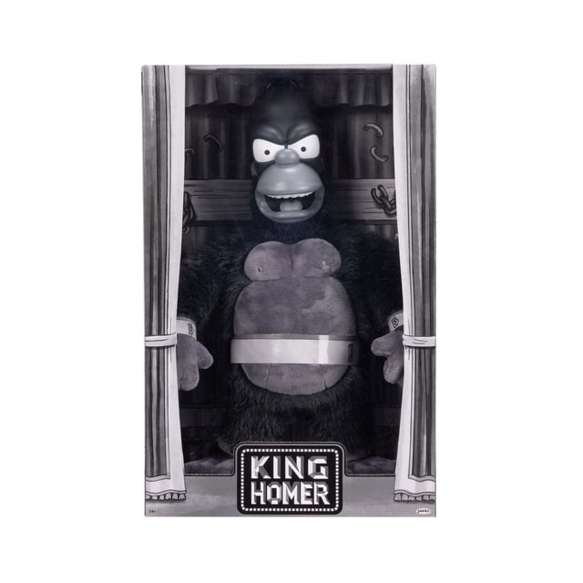 The Simpsons - Peluche de Collection King Homer Debout de 16 Pouces de Hauteur avec Corps en Fausse Fourrure Noir, Poitrine en Peluche Grise, et Tête Moulée en Plastique Détaillée Montrant une expression de Colère, Emballée dans une Boîte avec Rideaux et un Panneau « King Homer » Inspiré de l'Épisode Treehouse of Horror III, Convient aux fans et aux Collectionneurs.