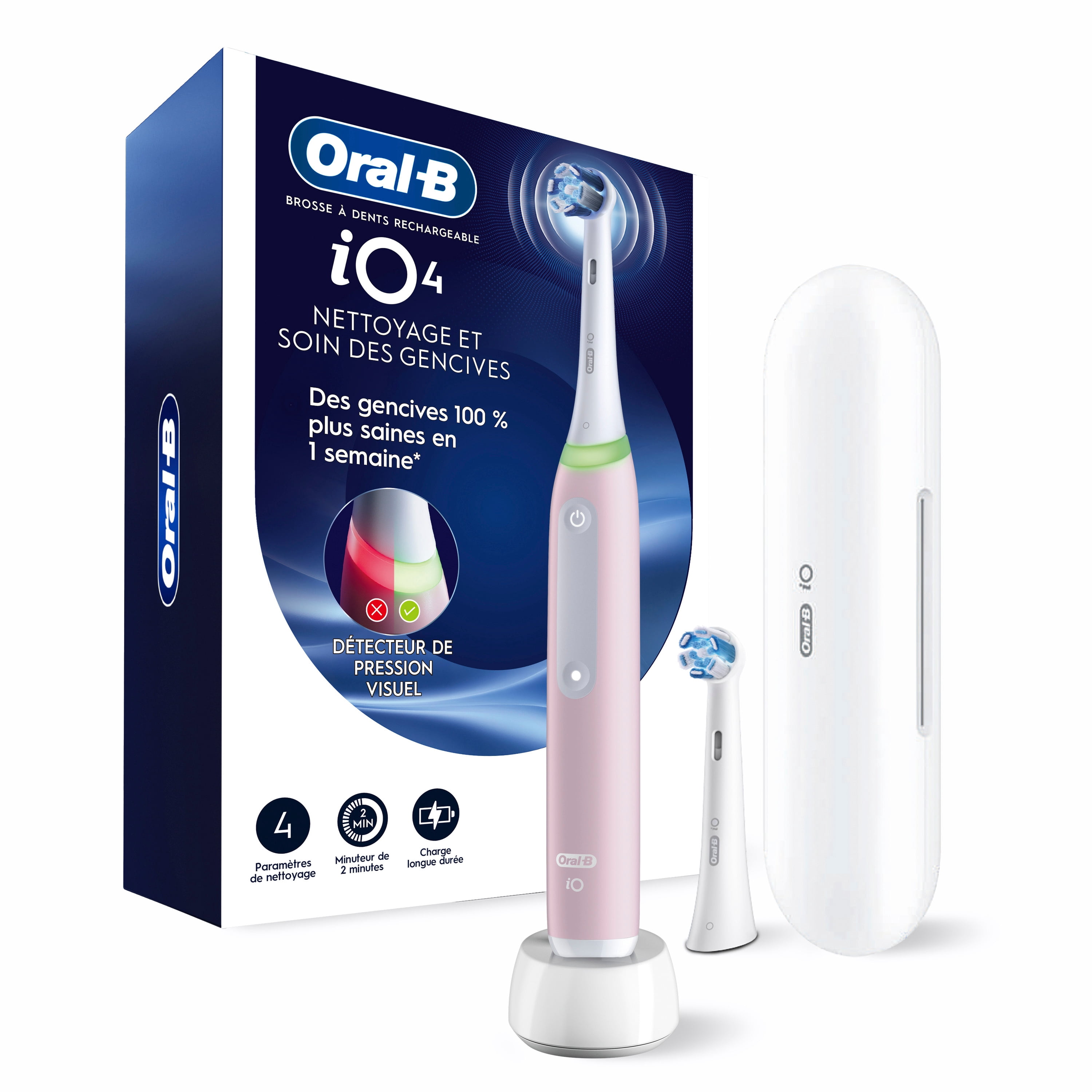 Brosse à dents électrique rechargeable Oral-B, iO4 Propreté et gencives, 4 modes de nettoyage, détecteur de pression visuel pour protéger les gencives, 2 brossettes, étui de voyage, rose