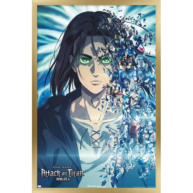 Attack on Titan : The Final Season - Affiche Murale de Fragments Représentant un Personnage d'Anime Centré avec de Longs Cheveux Noirs Portant une Veste Sombre et une Chemise Légère à Lacets, avec le Côté Droit Se Cassant en de Nombreux Petits Fragments de Personnage sur un Fond Lumineux Bleu et Blanc, Imprimée sur Papier Lustré avec un Cadre beige, Convient pour Décorer des Chambres, des Bureaux Ou des Résidences Étudiantes.