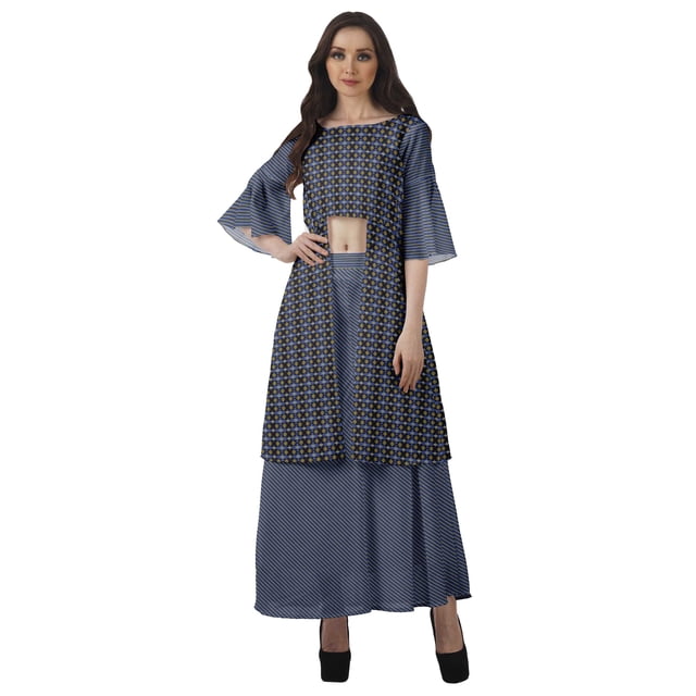 Moomaya Printed High Low Crop Top Kurti Palazzo Set Ethnic Indian Clothing Set For Womens