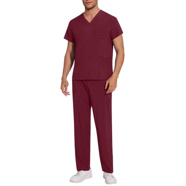 Amzcrzy Scrubs for Men Set Short Sleeve V Neck Slit Scrubs Tops Elastic Waist Multi Pockets Jogger Scrub Pants for Man Casual Solid Color Work Scrubs Sets
