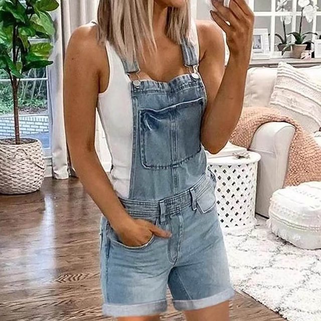 LOVZFMLL Combinaison Courte Décontractée pour Femme à Imprimé avec Poches, Bretelles, Camisole, Combinaison, Bleu Pâle, TTG