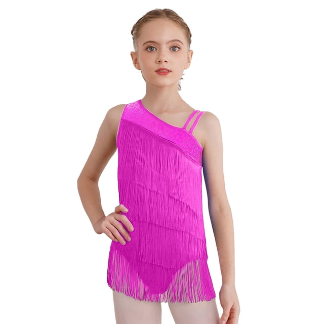 vastwit Robe de Danse Latine à Franges pour Filles, Justaucorps de Performance Jazz Tango à Pampilles, Justaucorps de Gymnastique, Rose Vif 8