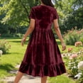 thumbnail image 4 of JGGSPWM Women's Vintage Velvet Dress Solid Color Loose Round Neck Short Sleeve Elastic Waist Tiered Ruffle A-Line Flowy Maxi Dress Red S, 4 of 9