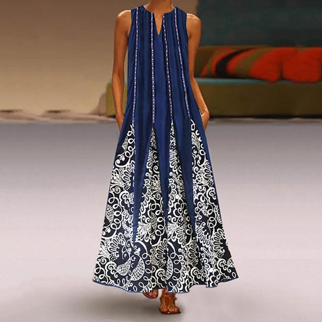 zanvin Robes d'Invitée de Mariage pour Femmes, Robe Longue Sans Manches Ample à Col en V Imprimée de Style Rétro pour Femmes