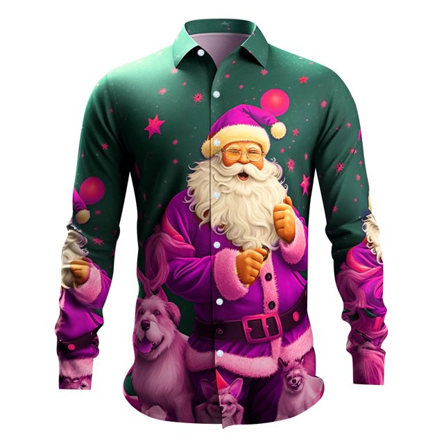 Kcodviy Mens Christmas Santa Digital Button Down 3D Printed Button Lapel Mens Short Sleeve Shirt Long Sleeve Shirt Top