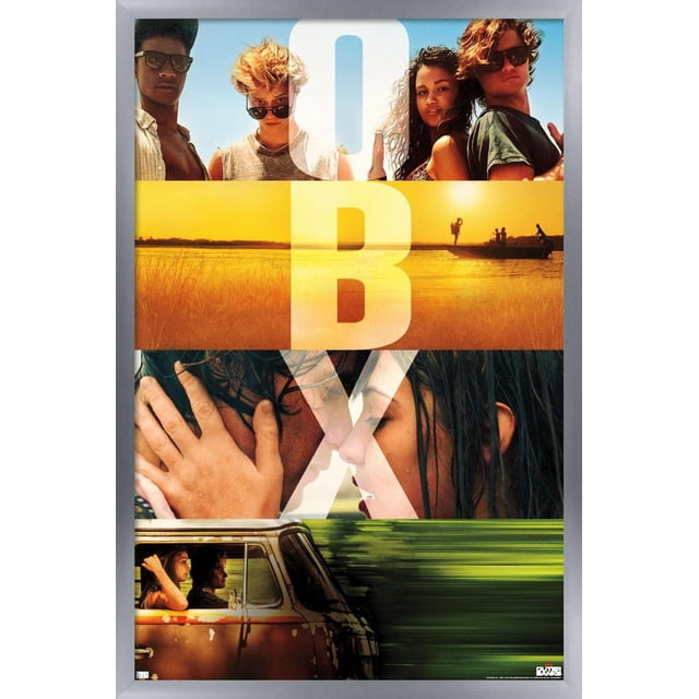 Netflix Outer Banks - OBX Wall Poster, 22.375" x 34" featuring a collage of four scenes: a group of young people under a blue sky, a golden sunset over marshland with figures on a dock, a close-up of two people touching faces, and a vintage van driving past blurred greenery, with large white letters spelling OBX overlaying the images.