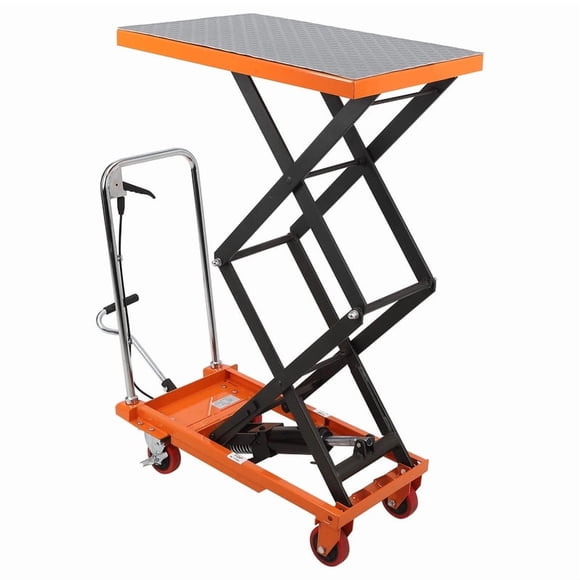 Manual Double Scissor Hydraulic Lift Table Cart 770LB Loading Capacity 59" Lifting Height, 4-Wheel Material Handling Cart with Non-Slip Platform for Warehouse Transportation (Orange)