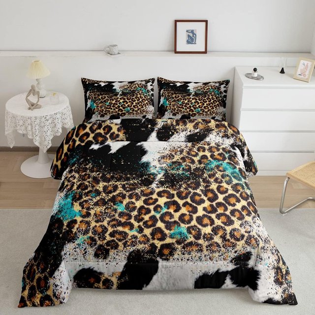 Leopard Print Kids Comforter Set King Size,Boys Girls Adults Bedroom Decor,Black White Cow Texture Down Comforter,Abstract Animals Skin Bedding Set,Rustic Farmhouse Duvet Insert