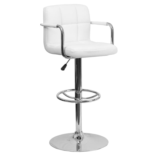Contemporary white quilted vinyl barstool featuring armrests, adjustable height mechanism, and a shiny chrome circular base.