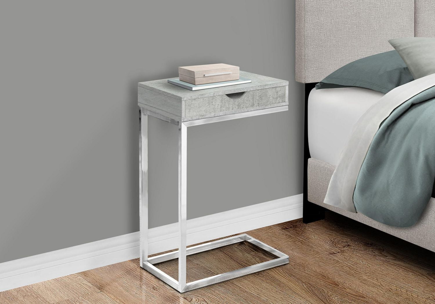 Monarch Specialties Table D'appoint, En Forme De C, Bout, Coté, Collation, Tiroir De Rangement, Salon, Chambre À Coucher, Stratifié Gris, Métal Chromé, Contemporain, Moderne