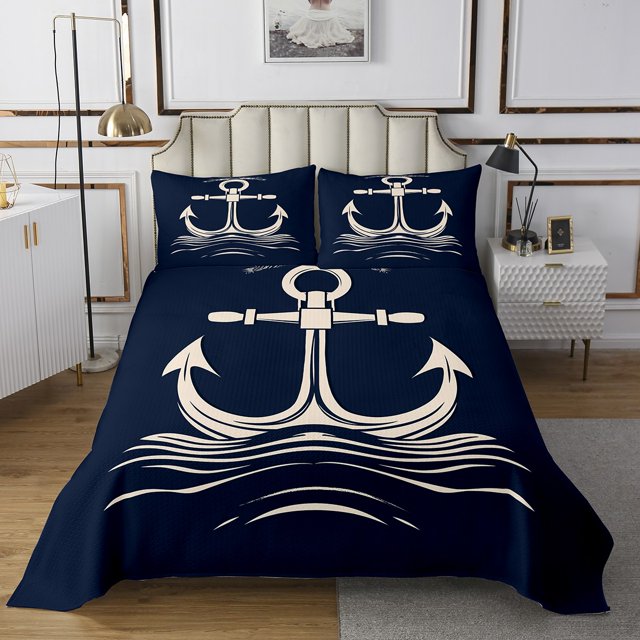 Erosebridal Retro Anchor Coverlet Set King, Coastal Ocean Bedding Set, Nautical Theme Decor, 3-Piece