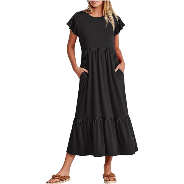 AherBiu Robe Maxi Bohème pour Femmes à Manches Cap, Été, Décontractée, Ample, à Volants, Fluide, avec Poches