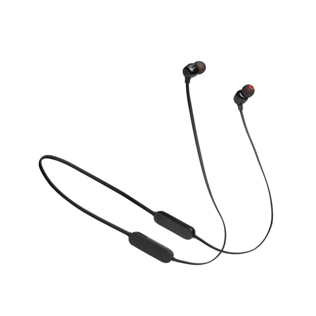 JBL TUNE 125BT wireless in-ear headphones with black neckband and earbuds featuring JBL Pure Bass Sound, Bluetooth 5.0, inline remote with volume controls, magnetic earbuds to prevent tangling, and 16-hour battery life, shown on white background.