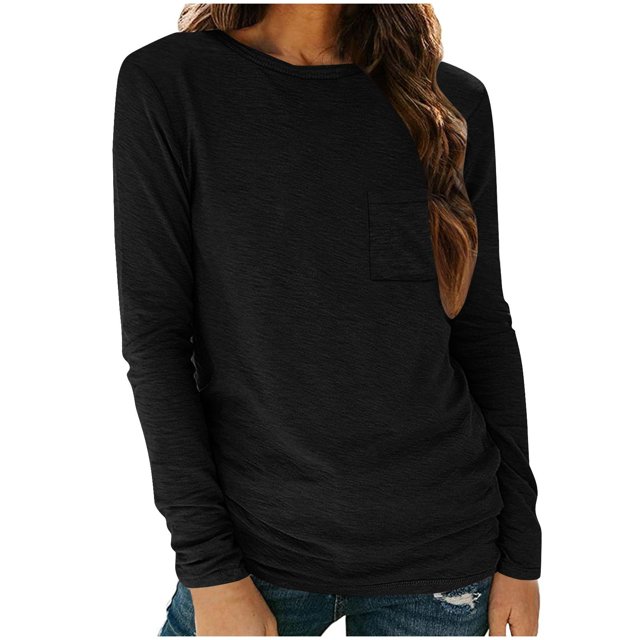 Timegard Longues Hauts à Manches pour Femmes Col Rond Tuniques Décontractées T-Shirts Confortables Couleur Unie Hauts Basiques