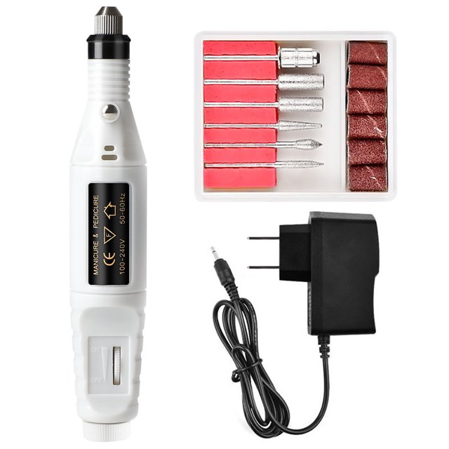 Electric Nail Drill Set Low Noise & Vibration Adjustable Mini Nail Drill Machine in white, featuring a lightweight pen-shaped design made of durable ABS plastic. The set includes a nail drill machine measuring 15.8 x 2 cm, six nail drill bits, a sanding shaft, six sanding bands, and a charger adapter. Suitable for refining nail edges, shaping surfaces, and DIY nail art at home or in salons. Compact and portable with adjustable speed, low noise, and low vibration.