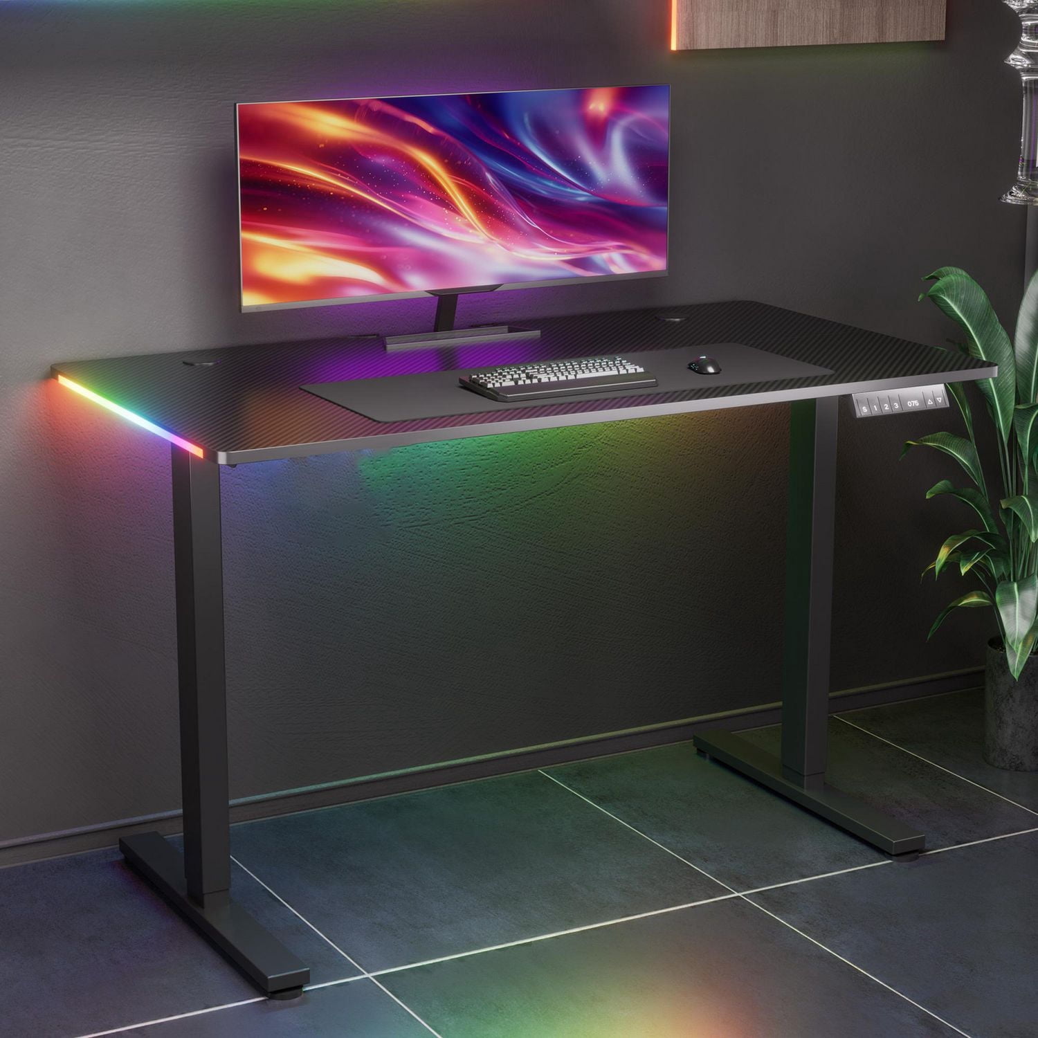 GTRACING Adjustable Height RGB Electric Sit or Stand Computer Desk with LED Lights for Adults , Black