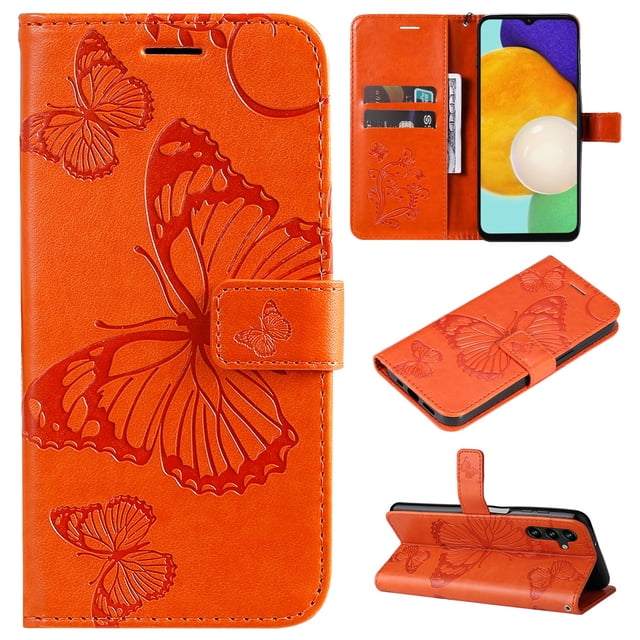 TECH CIRCLE Galaxy A14 5G Wallet Case,Butterfly Embossed PU Leather Flip case Cover Stand Feature with Wrist Strap and Card Holder Protective Phone Case for Samsung Galaxy A14 5G 6.6" 2023,Orange