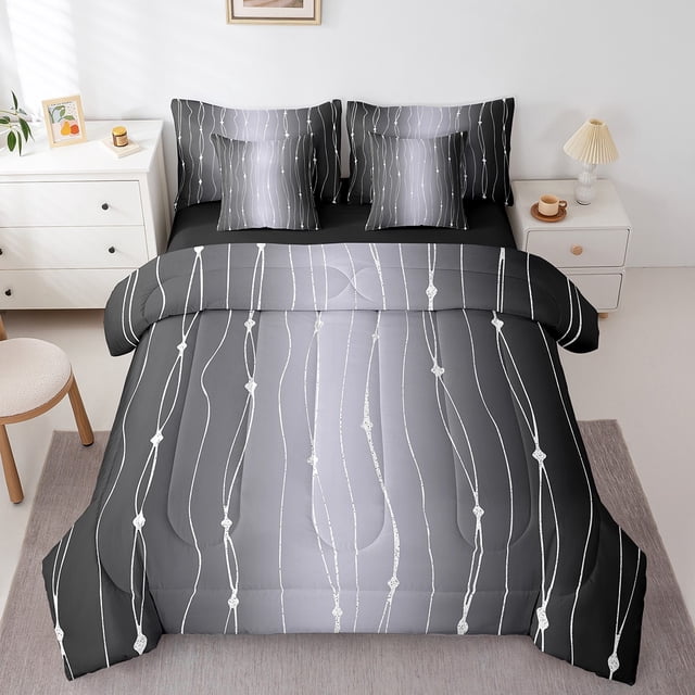YST Aesthetic Gradient 7-Piece Bedding Set, Black and Grey Ombre Queen Size Comforter Set