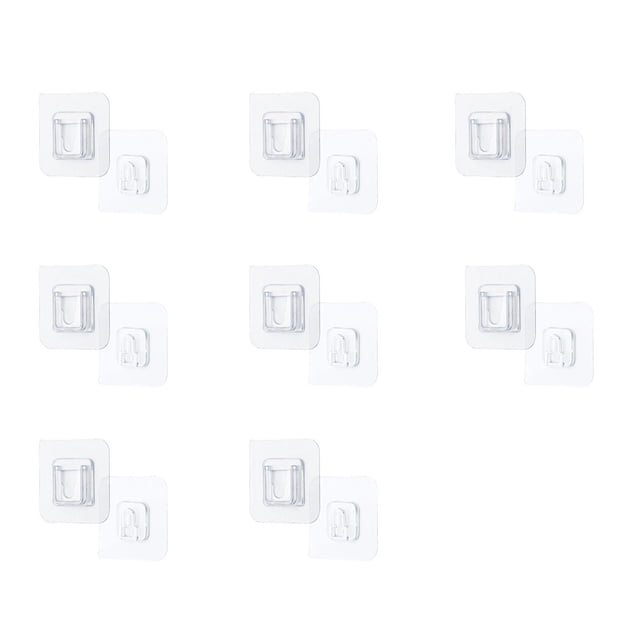 EGNMCR Double-sided Adhesive Wall Hooks, featuring a set of eight transparent, wall-mounted hooks with a sleek, invisible design. These hooks are made of durable stainless steel and PC material, supporting up to 15kg per set. Ideal for organizing kitchens, bathrooms, and other spaces, they adhere to various surfaces like glass, metal, and tiles without drilling or damaging walls. Reusable and easy to install, these hooks are suitable for hanging items such as kitchen utensils, decorations, and Christmas lights.