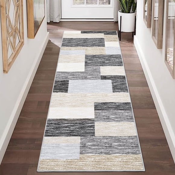 YUSAZENS 2x6 Runner Rug Modern Geometric Non-Slip Hallway Rug for Kitchen Laundry Room Bedroom in Gray Camel Color