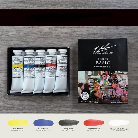 M. Graham & Co. 5-Color Basic Gouache Set, 15ml Honey-Based Paints for Beginners, Students & Illustrators