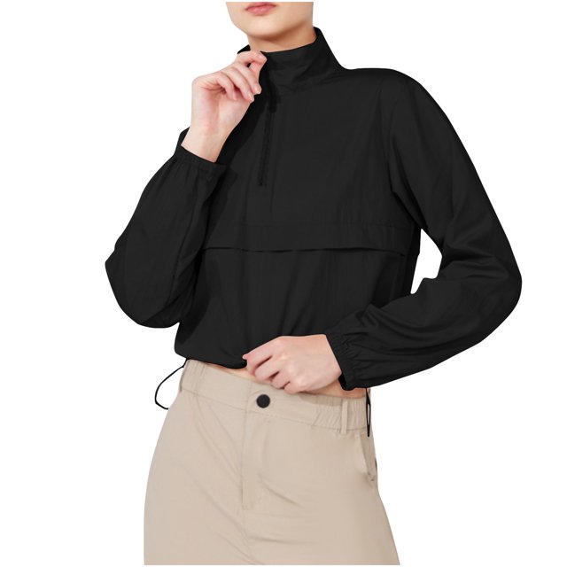 Timegard Hauts pour Femmes Col à Revers Fermeture Éclair Manches Longues Crop Top Cordon de Serrage Randonnée Plein Air Protection T-Shirt