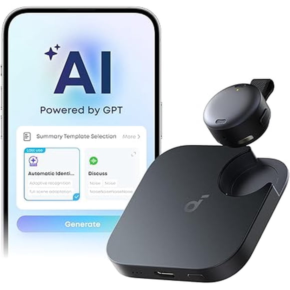 Soundcore Work by Anker, Enregistreur Vocal IA Portable, Transcription et Résumé IA, Pro 6 Mois Sans Frais, Résumé pour Réunion Croisée, Double Tap pour Marquer, Certifié MFi, Noir