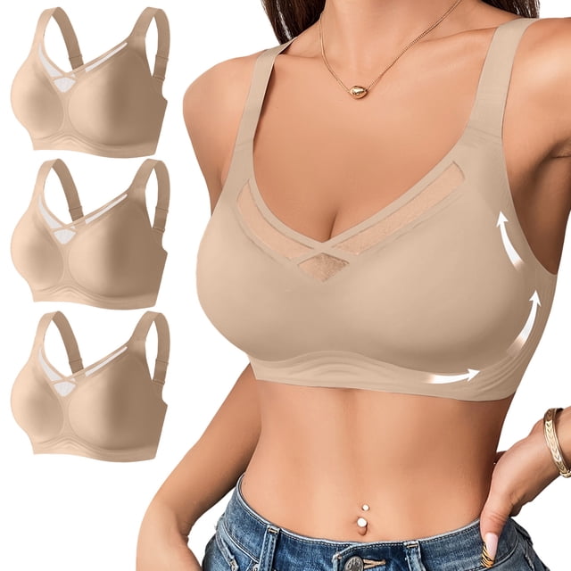 Kyusrd Plus Size Cut-Off Seamless Bra For Women'S 3Pcs Supportive Full Coverage Wireless Bralette Bra Adjustable Shoulder Straps Bra Soild Color Everyday Athletic Sport Bra