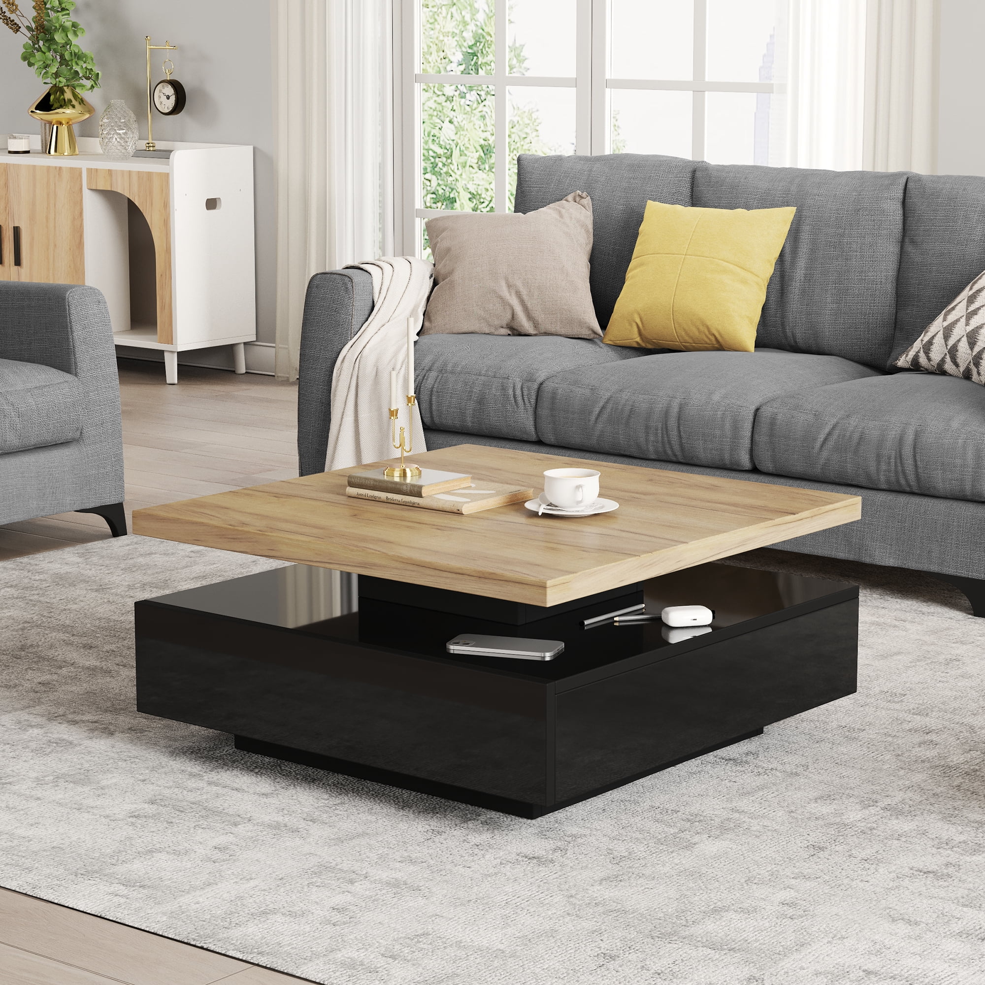 Table basse carrée pivotante Noble House, plateau brillant pivotant à 360°, noire