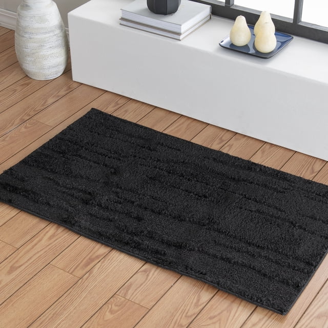 Athen Ripley Tapis Noir 26"x45 Pouces Lavable sur Plancher de Bois Clair par un Rebord Blanc avec Poires Décoratives et Livres, Présentant un Motif hi/lo Sculpté en Microfibre polyester Douce, Résistant aux Taches et Lavable à la machine, Convient aux Tapis et Carpettes de Cuisine.