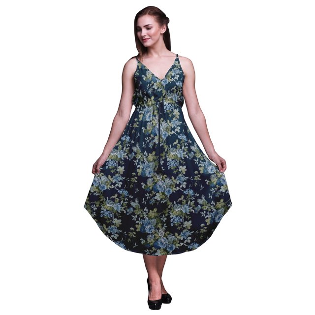 Bimba Robe Midi de Villégiature à Cordon pour Femmes à Imprimé Floral, Bretelles Spaghetti, Tenue de Plage - Grand