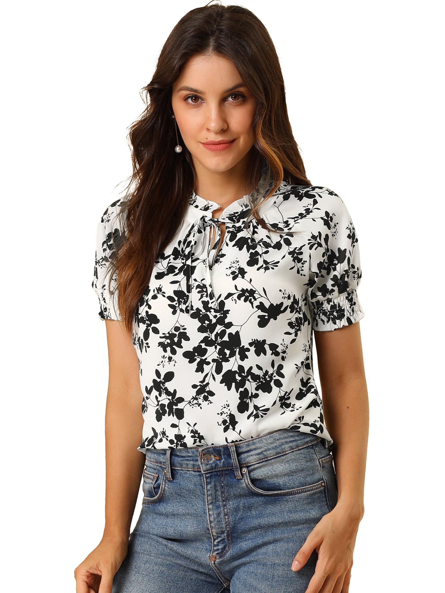 INSPIRE CHIC Blouse à Fleurs Décontractée à Manches Courtes pour Femme avec Volants et Nœud au Cou