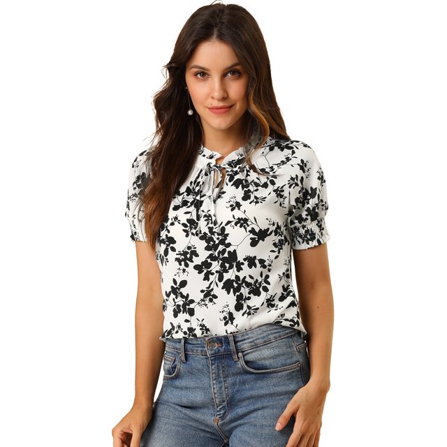 INSPIRE CHIC Women's Ruffle Tie Neck Casual Short Sleeve Floral Tops Blouse