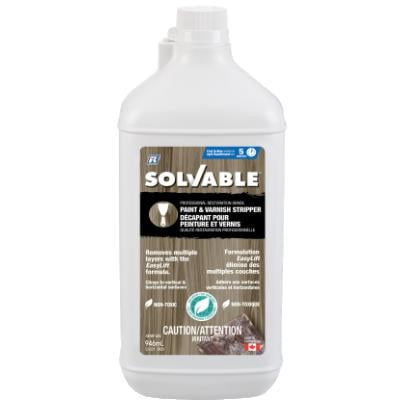 SOLVABLE™ Dissolvant de Peinture et de Vernis dans une Bouteille en Plastique Blanche de 946 ml avec Bouchon à Vis, Présentant une Étiquette Décrivant Sa Formule Professionnelle de Qualité Restauration avec la Technologie EasyLift pour Enlever Plusieurs Couches de Peinture, de Vernis et de Teinture du Bois, du Métal, du Béton et de la Maçonnerie. Il n'Est Pas Toxique, Faible Odeur et Sans Chlorure de Méthylène.