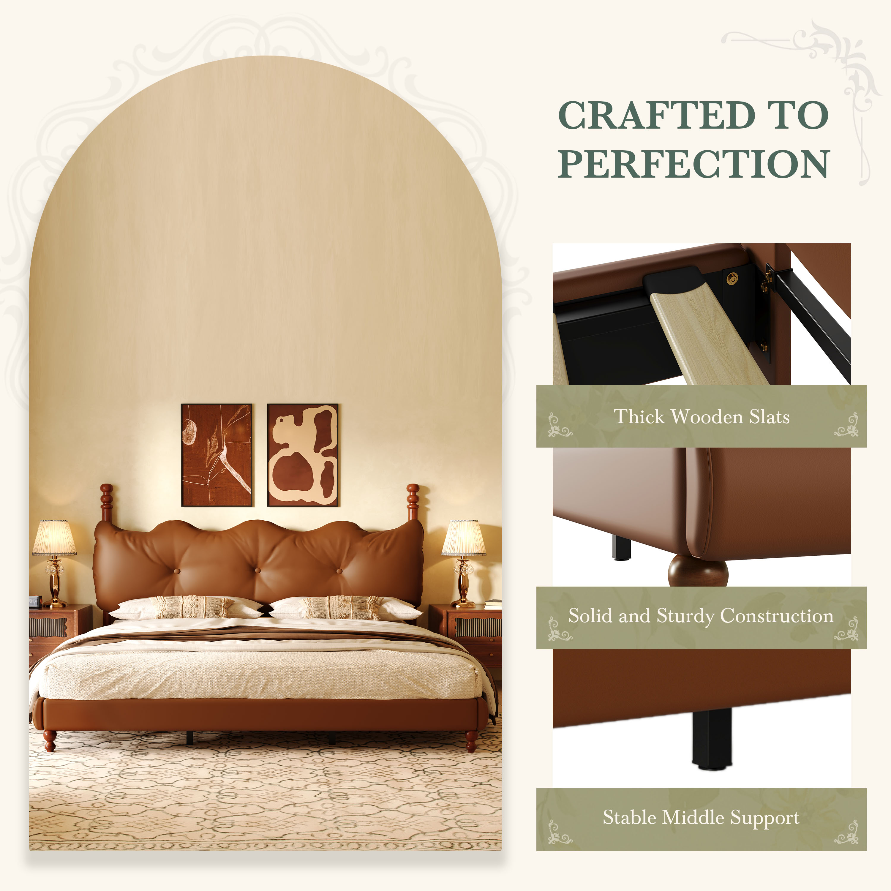 Noble House Lit Plateforme Grand Rembourré avec Tête de Lit, Cadre de Lit en Cuir PU avec Poteaux en Bois, Brun