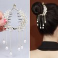 thumbnail image 2 of CSChome Pince à Cheveux Chignon Pince à Cheveux à Franges Forme de Feuille Perle Accessoires de Cheveux de Luxe Crabe, 2 of 6